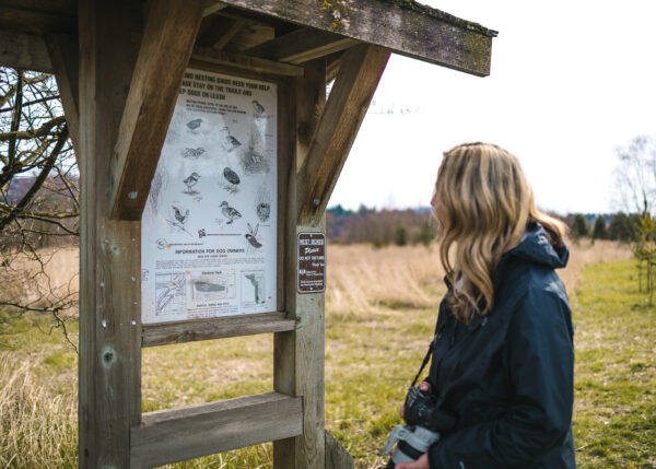 Willband Creek A person stands beside a wooden information kiosk on a grassy trail, reading a posted sign about local wildlife and park guidelines.